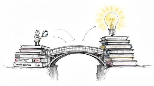 A cartoon person with a magnifying glass on books, a bridge leading to books with a lightbulb.