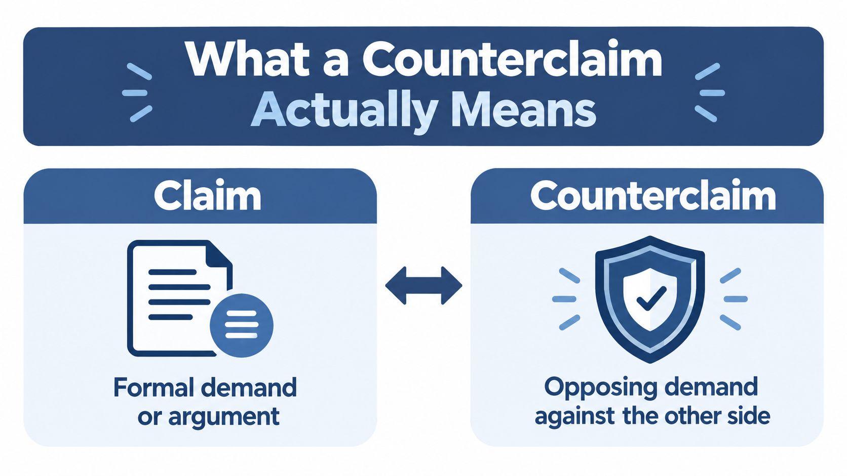 An infographic defining the concepts of a claim as a formal demand and a counterclaim as opposition.