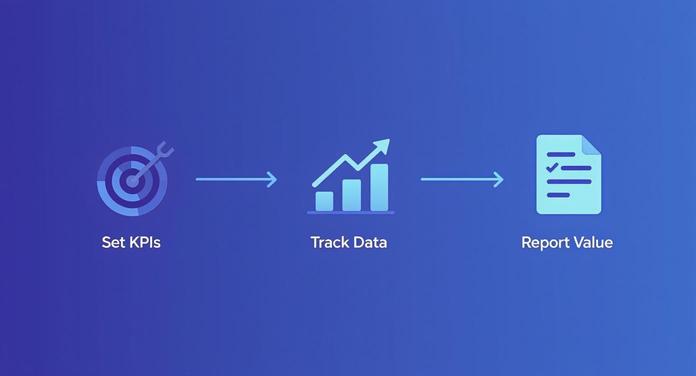 A three-step business process flow showing setting KPIs, tracking data, and reporting value.