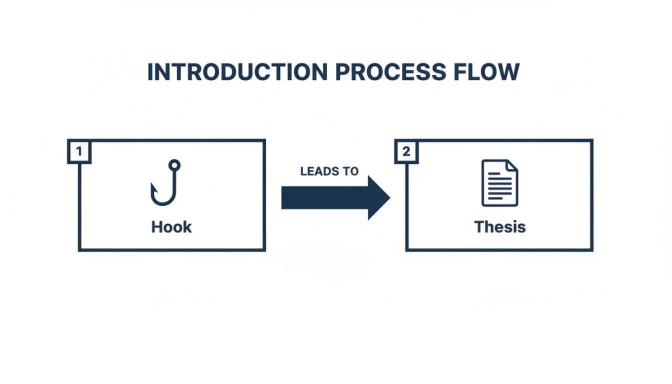 A flowchart illustrates an introduction process, showing 'Hook' (1) leading to 'Thesis' (2).
