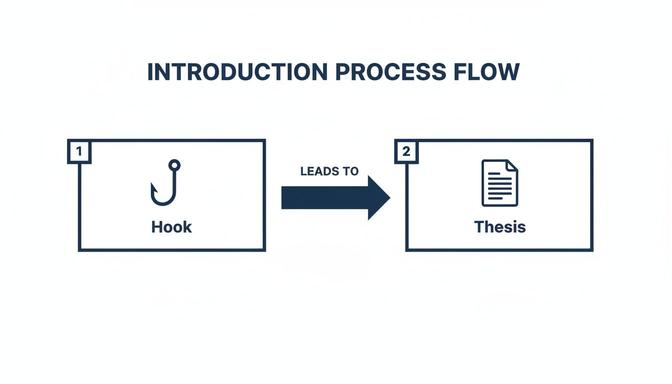 A flowchart illustrates an introduction process, showing 'Hook' (1) leading to 'Thesis' (2).