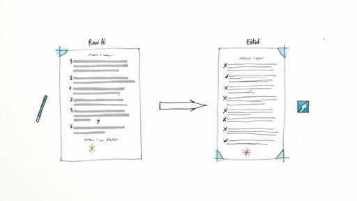 A person carefully editing a document on a laptop, with a lightbulb icon next to them representing human insight and creativity.