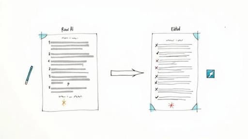 A person carefully editing a document on a laptop, with a lightbulb icon next to them representing human insight and creativity.