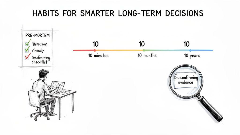 Illustration of habits for smarter long-term decisions, including pre-mortem, time horizons, and seeking disconfirming evidence.
