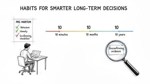 Illustration of habits for smarter long-term decisions, including pre-mortem, time horizons, and seeking disconfirming evidence.