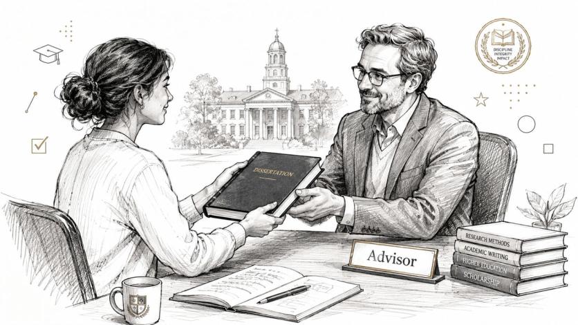 A doctoral student handing a dissertation book to their academic advisor at a desk in a university.