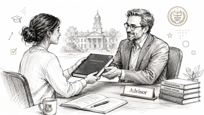 A doctoral student handing a dissertation book to their academic advisor at a desk in a university.