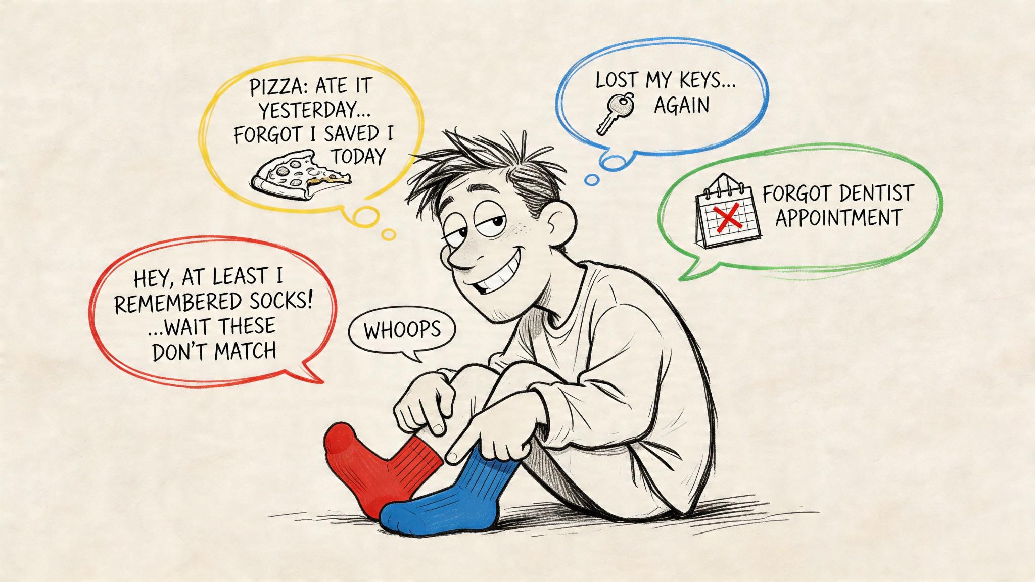 A cartoon illustration of a forgetful person sitting down while wearing mismatched red and blue socks.