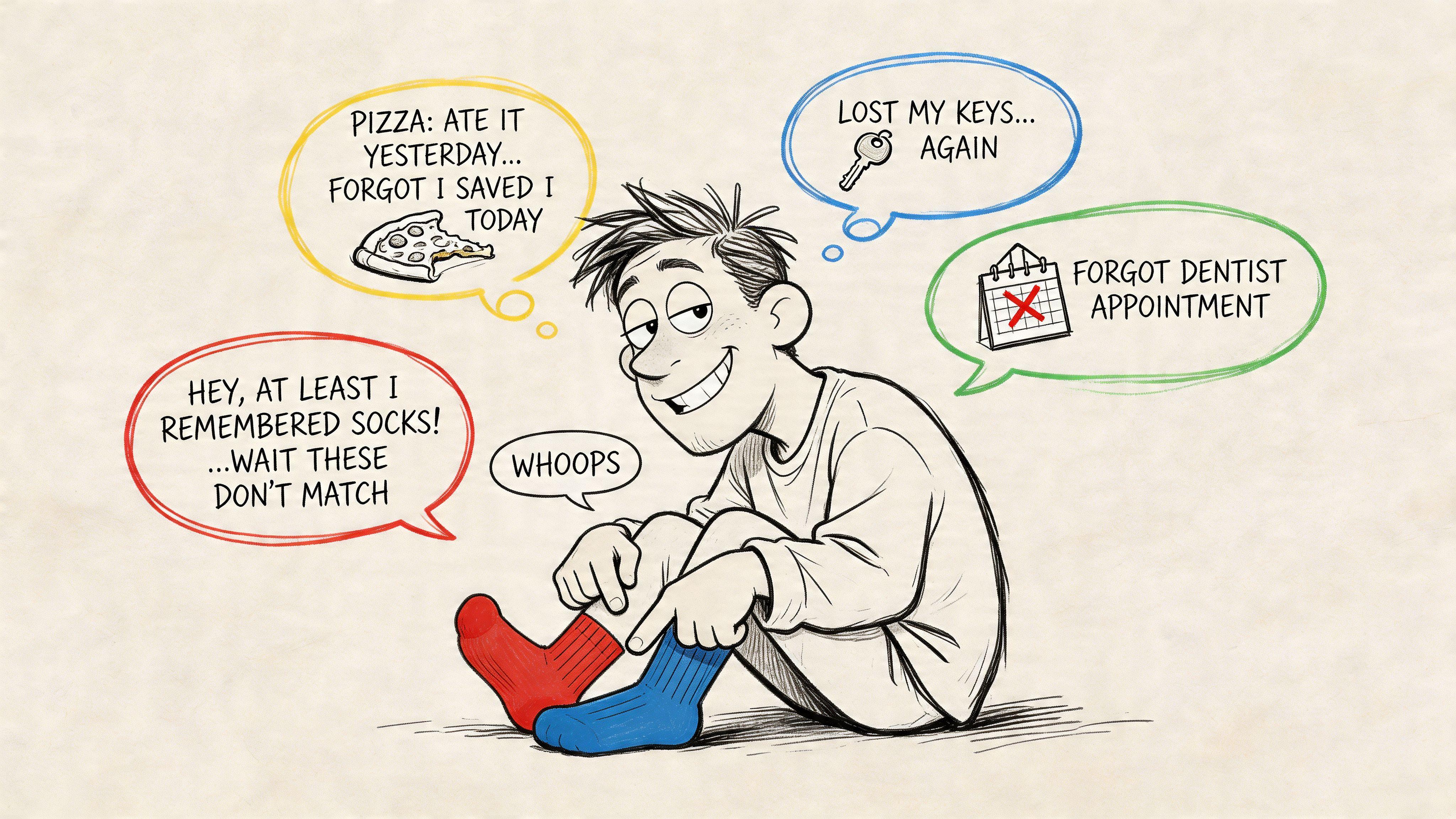 A cartoon illustration of a forgetful person sitting down while wearing mismatched red and blue socks.