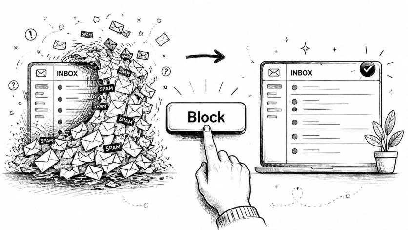A hand pressing a block button to stop a flood of spam emails to an inbox.