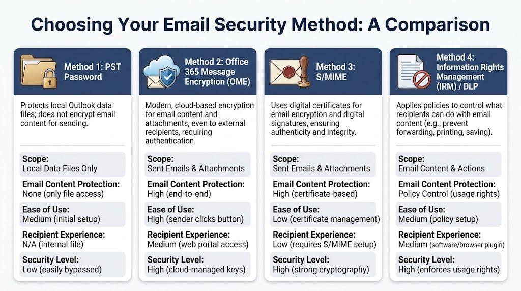 A comparison chart outlining four different email security methods for Outlook, including encryption and policy control levels.