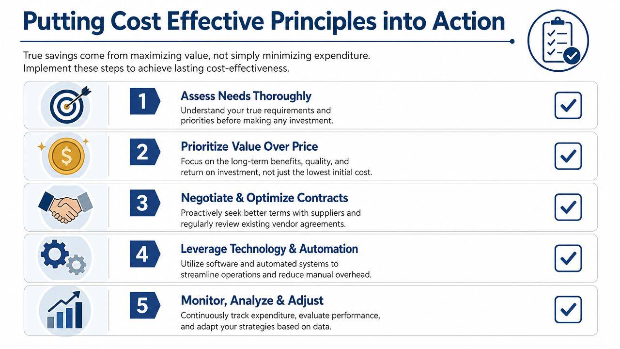 A checklist infographic titled Putting Cost Effective Principles into Action, outlining five steps for business cost-efficiency.