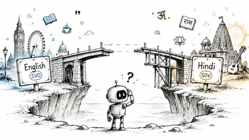 A robot looking at a broken bridge between English SVO and Hindi SOV language signs.