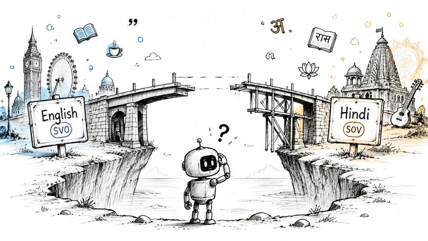 A robot looking at a broken bridge between English SVO and Hindi SOV language signs.