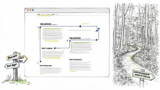 Conceptual diagram illustrating web page content flow with headings, text blocks, and navigation paths.