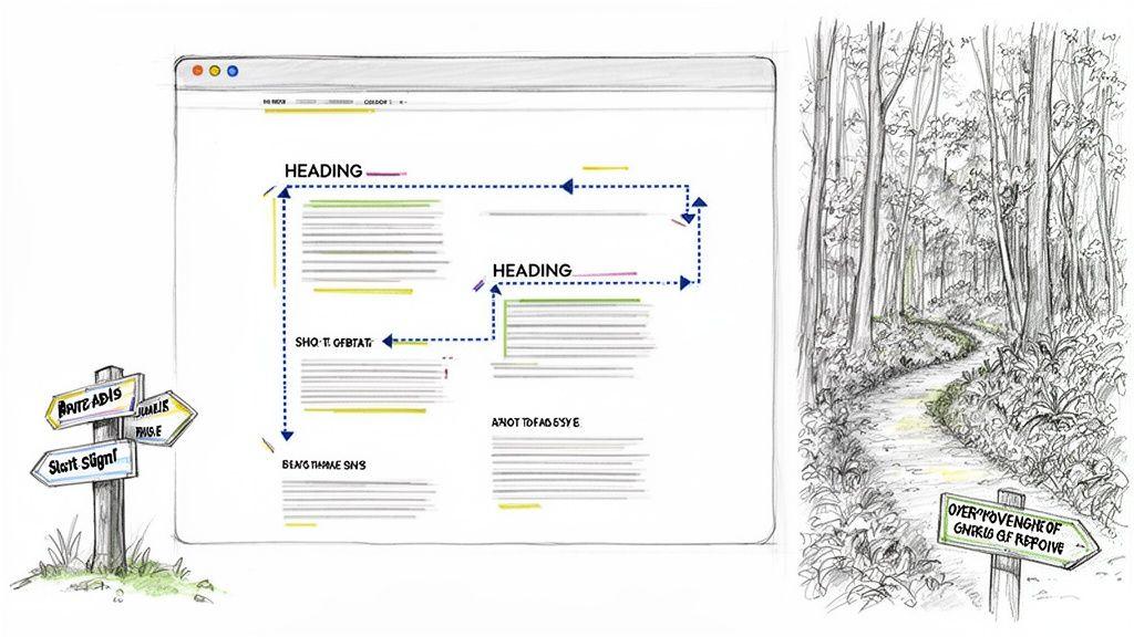 Conceptual diagram illustrating web page content flow with headings, text blocks, and navigation paths.