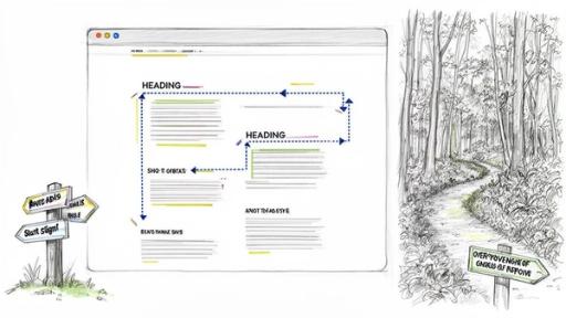 Conceptual diagram illustrating web page content flow with headings, text blocks, and navigation paths.