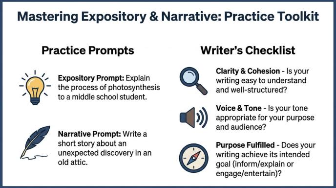 An educational toolkit chart comparing expository and narrative writing tasks with a helpful writer's checklist.