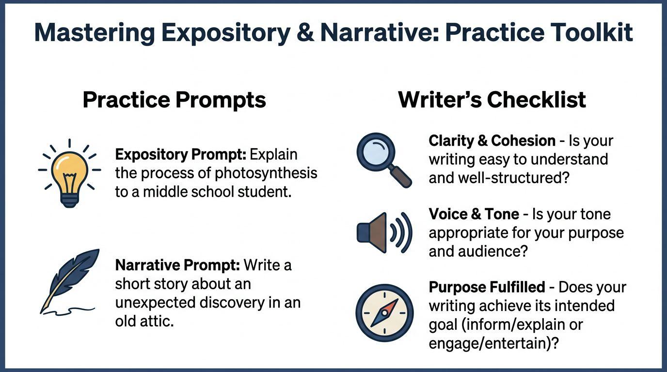 An educational toolkit chart comparing expository and narrative writing tasks with a helpful writer's checklist.