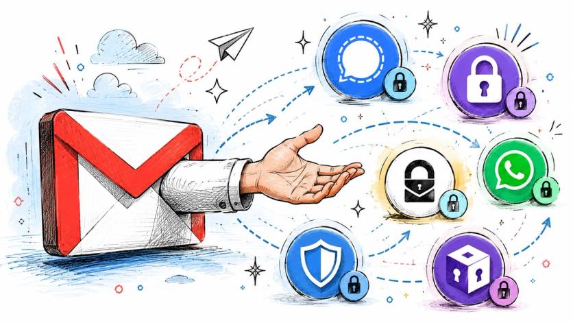 A hand reaching out from a Gmail icon connecting to various encrypted communication and security service logos.