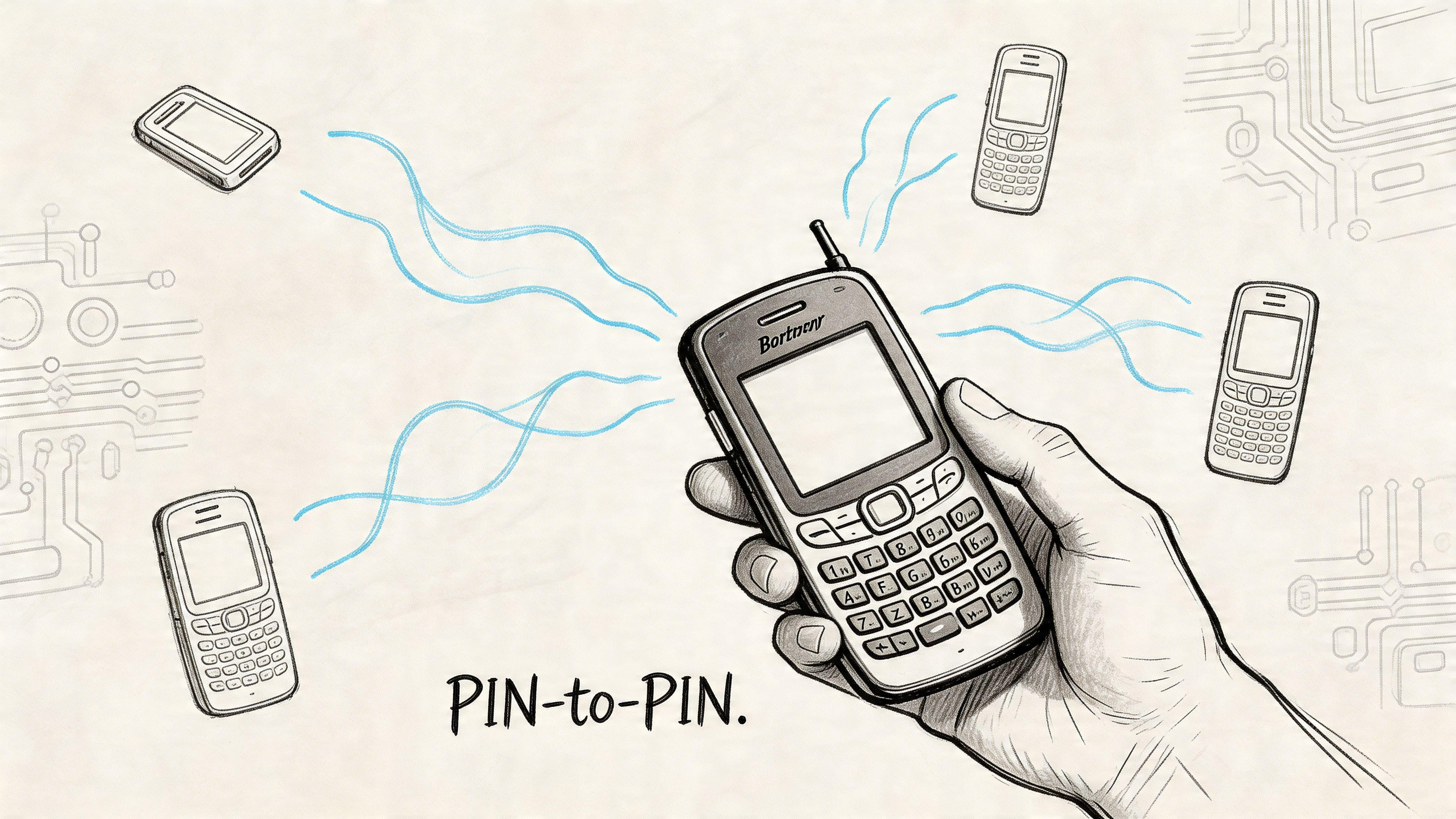 A hand holding a vintage mobile phone connecting to other devices representing pin-to-pin messaging technology.