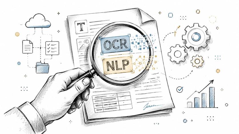 A hand holds a magnifying glass over a document highlighting OCR and NLP technology concepts.
