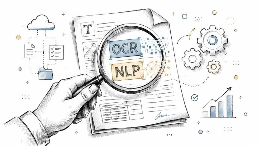 A hand holds a magnifying glass over a document highlighting OCR and NLP technology concepts.
