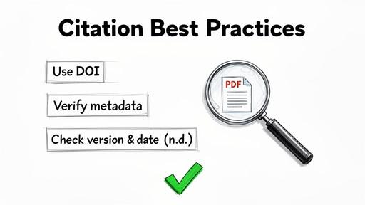 Image illustrating citation best practices: use DOI, verify metadata, and check PDF version and date.