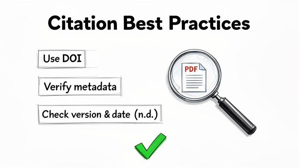 Image illustrating citation best practices: use DOI, verify metadata, and check PDF version and date.