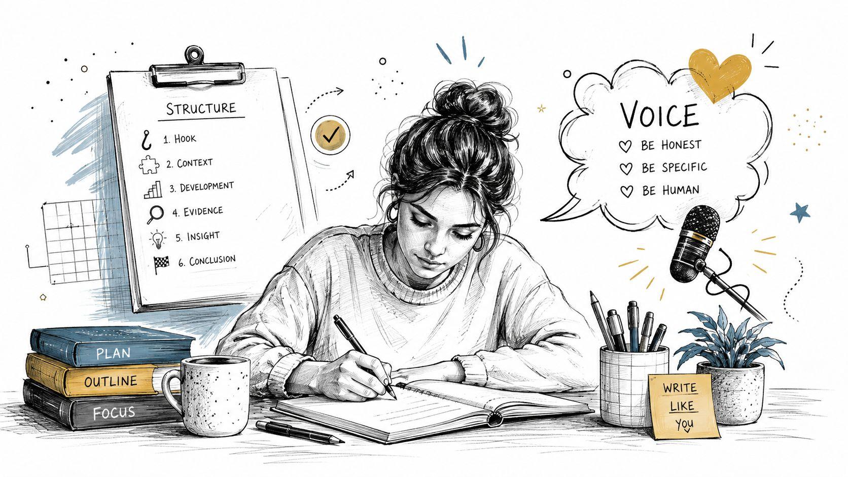 A creative illustration of a woman writing in a notebook at her desk, showcasing essay structure and voice.