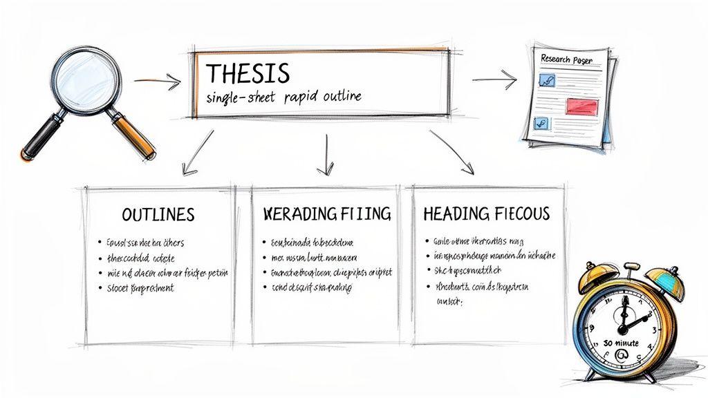 A hand-drawn diagram illustrating a rapid thesis outline process, leading to a research paper.