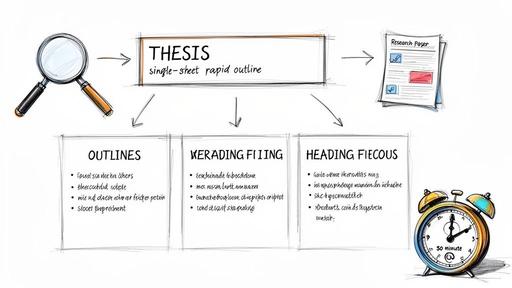 A hand-drawn diagram illustrating a rapid thesis outline process, leading to a research paper.