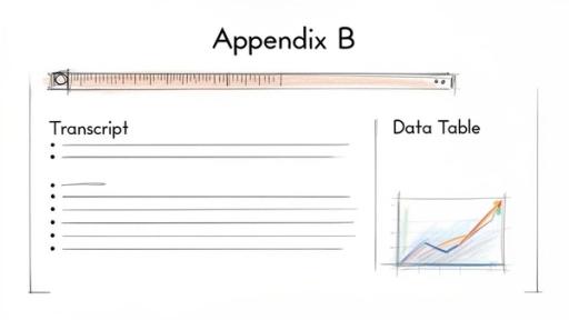 An infographic for Appendix B, showing sections for a transcript with bullet points and a data table with a line graph.