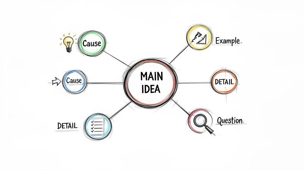 A colorful mind map showing 'MAIN IDEA' at the center, connected to 'Cause', 'Example', 'DETAIL', and 'Question' for reading comprehension.