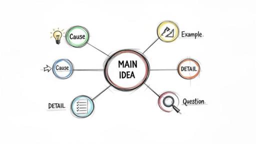 A colorful mind map showing 'MAIN IDEA' at the center, connected to 'Cause', 'Example', 'DETAIL', and 'Question' for reading comprehension.