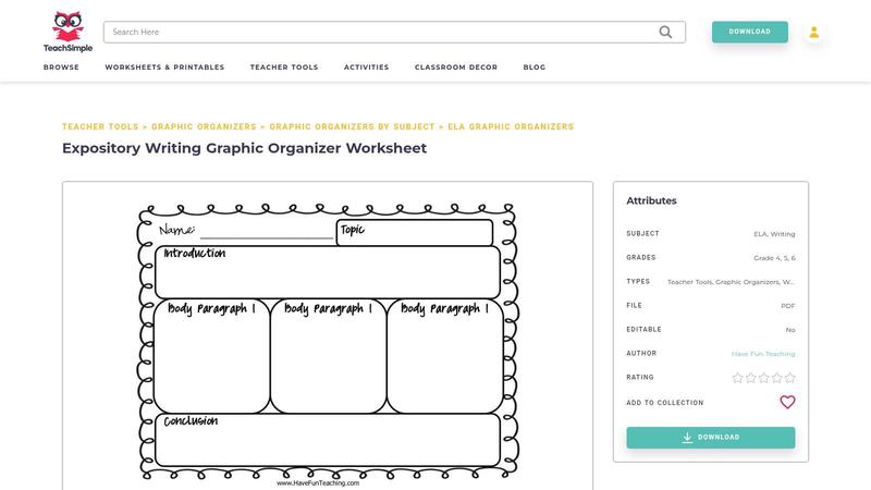 An expository writing graphic organizer from Teach Simple showing fields for a main idea and supporting details.