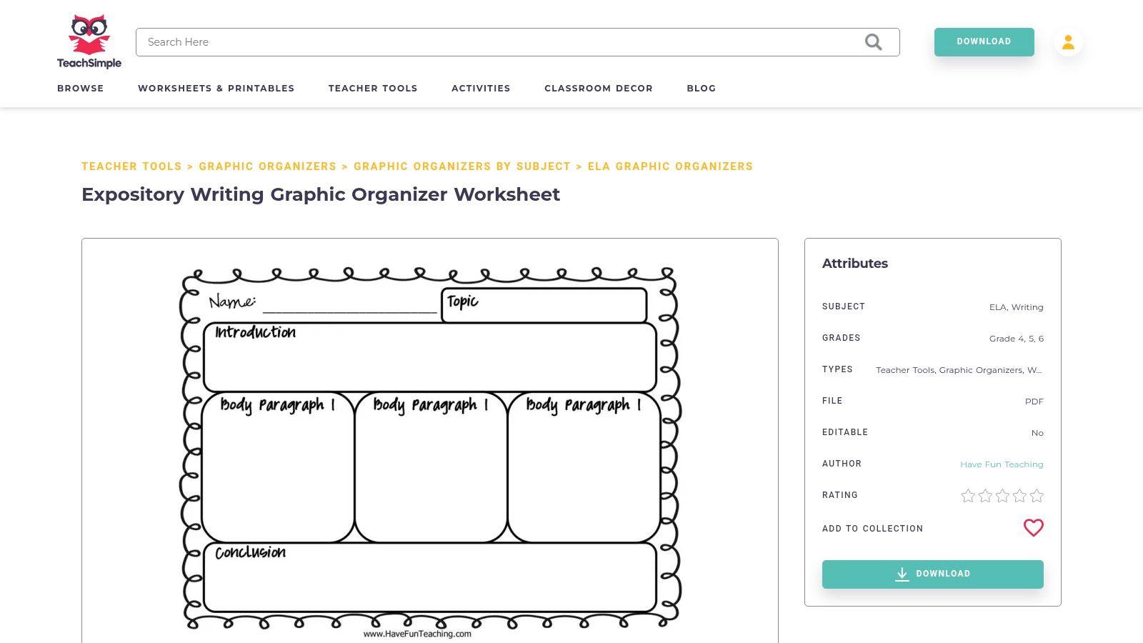 An expository writing graphic organizer from Teach Simple showing fields for a main idea and supporting details.