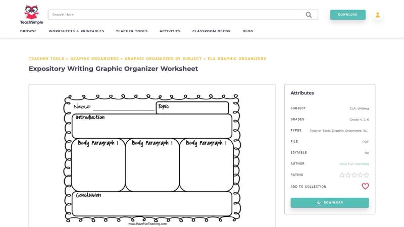 An expository writing graphic organizer from Teach Simple showing fields for a main idea and supporting details.