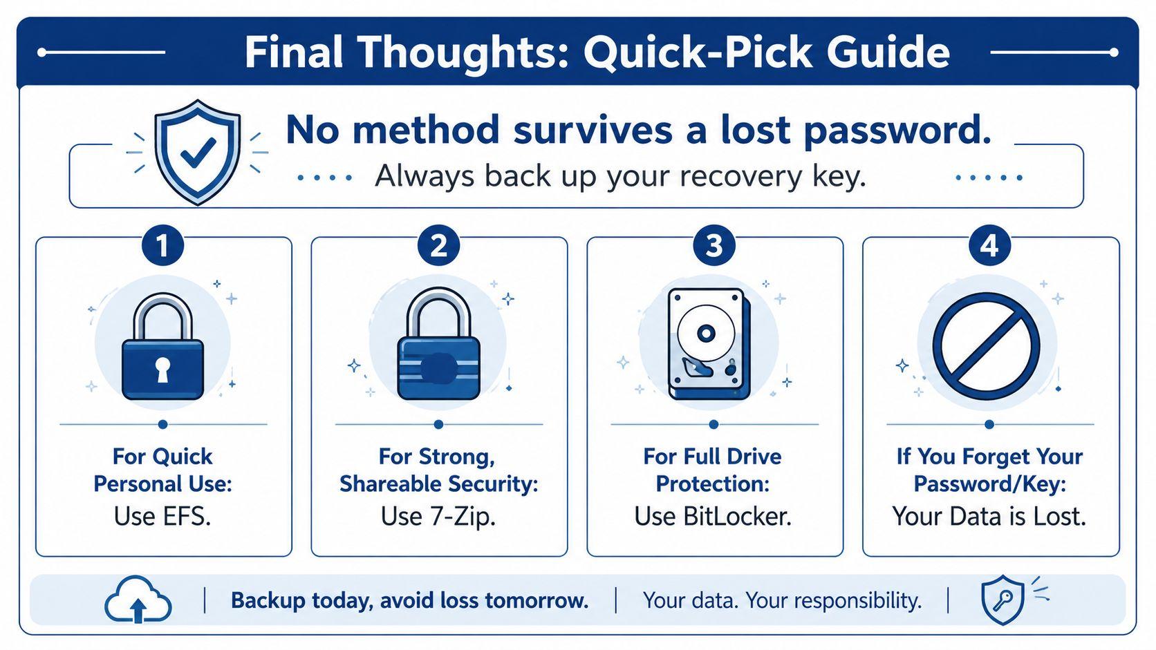 A quick-pick guide infographic summarizing encryption methods like EFS, 7-Zip, and BitLocker for data protection.