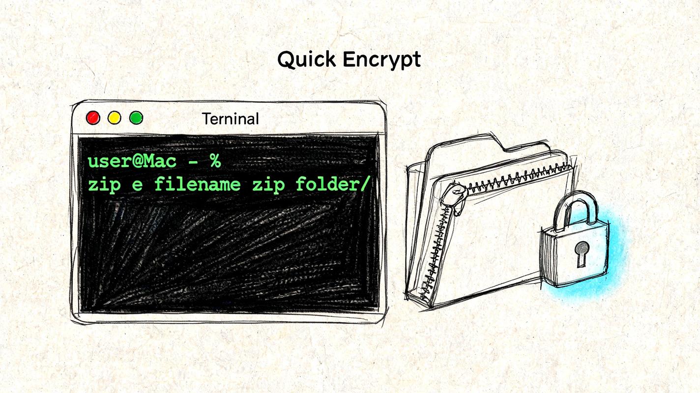 A hand-drawn illustration showing a Mac terminal command to password protect a folder with a zip file.