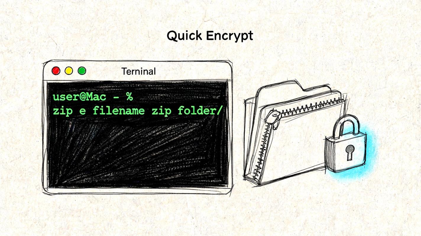 A hand-drawn illustration showing a Mac terminal command to password protect a folder with a zip file.