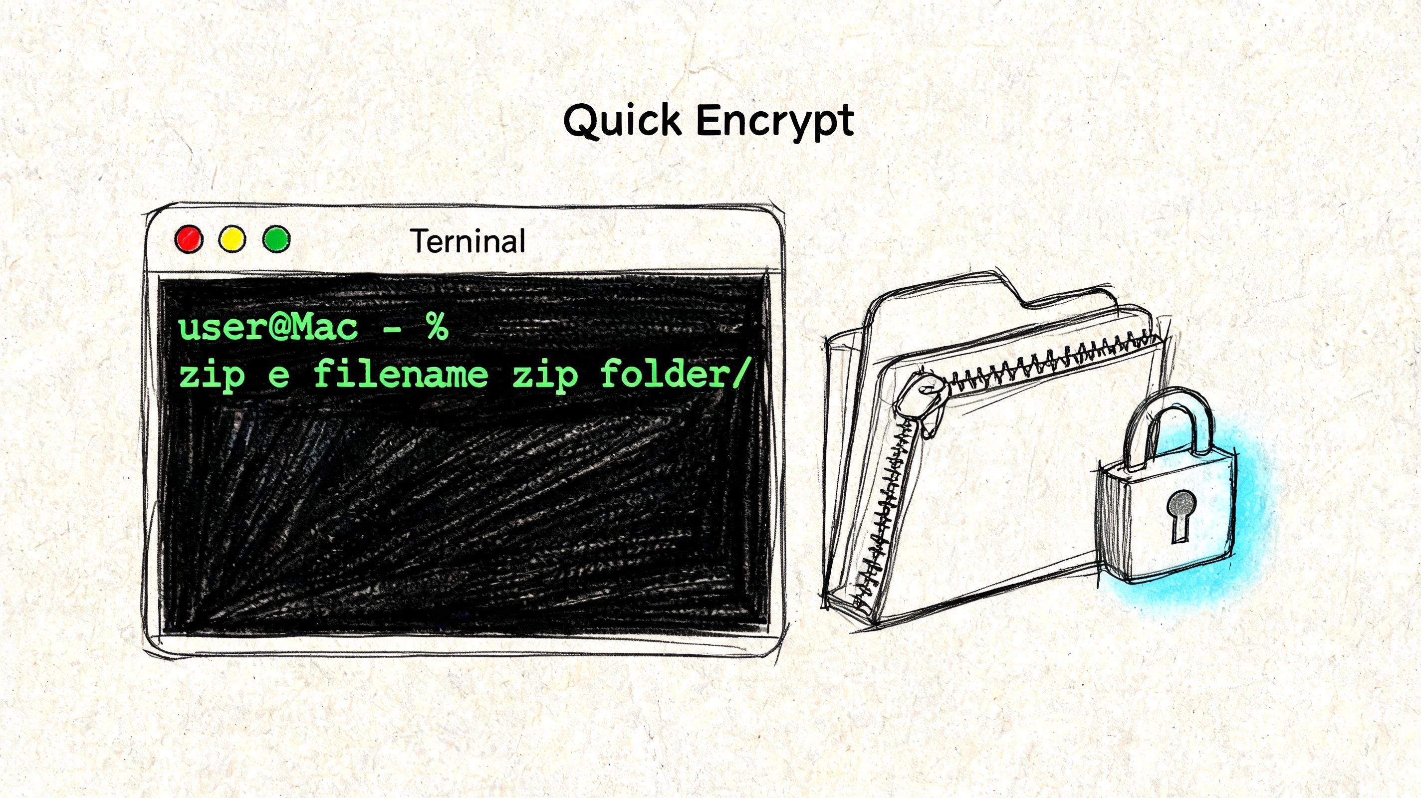 A hand-drawn illustration showing a Mac terminal command to password protect a folder with a zip file.