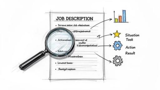 A sketch illustrating a job description with a magnifying glass and the STAR method for achievements.