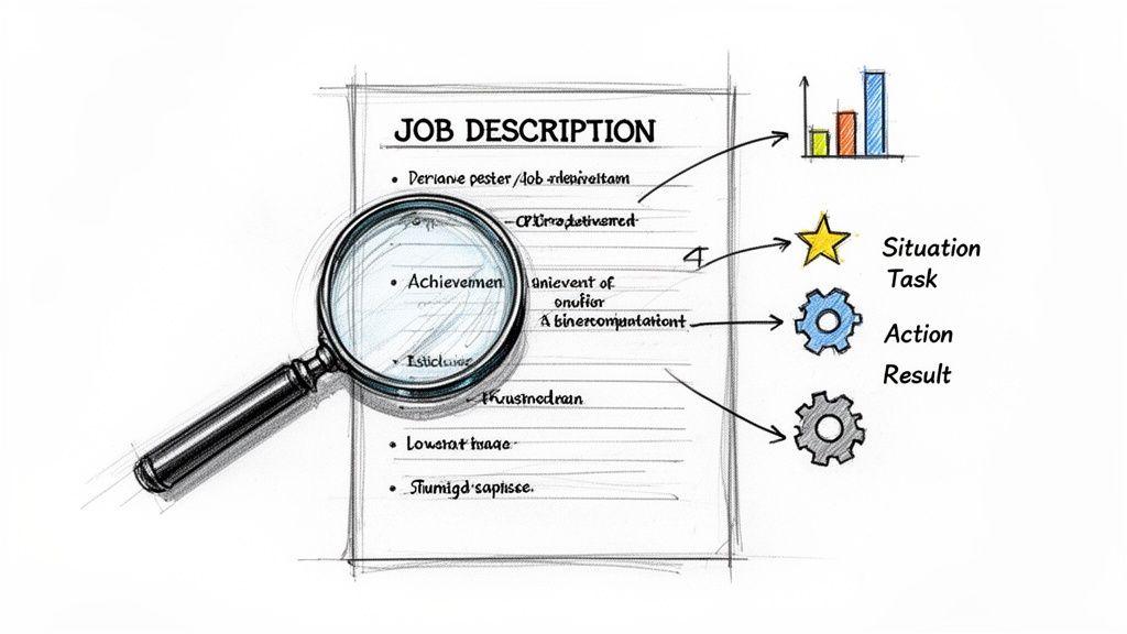 A sketch illustrating a job description with a magnifying glass and the STAR method for achievements.