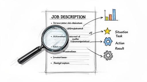 A sketch illustrating a job description with a magnifying glass and the STAR method for achievements.