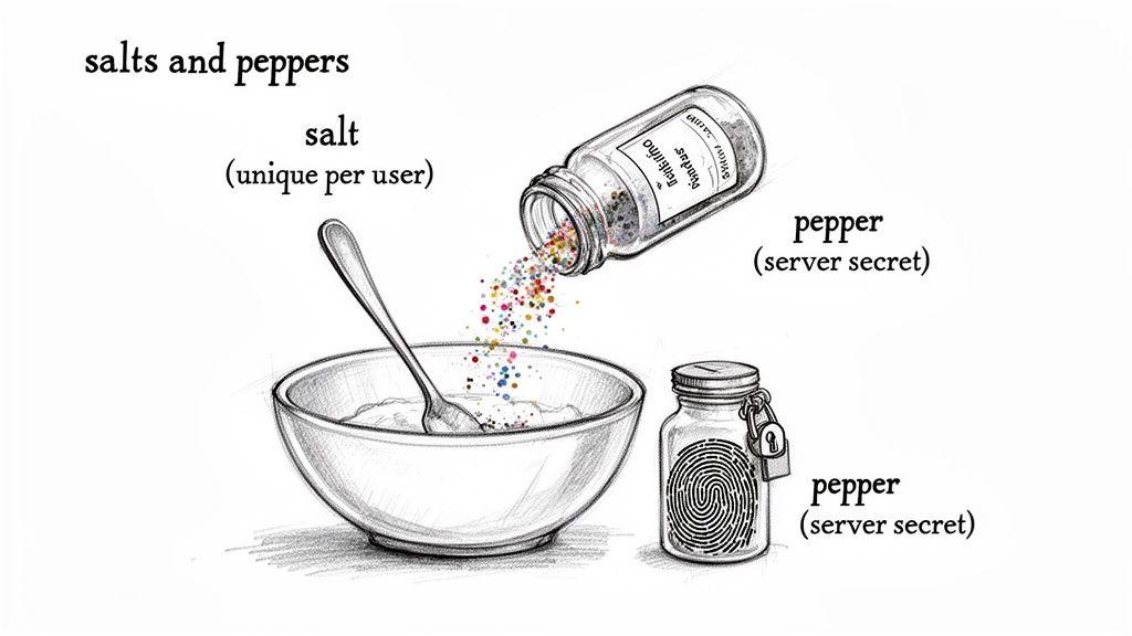 Illustration of 'salt' (unique per user) and 'pepper' (server secret) for password hashing, using culinary items.