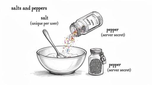 Illustration of 'salt' (unique per user) and 'pepper' (server secret) for password hashing, using culinary items.