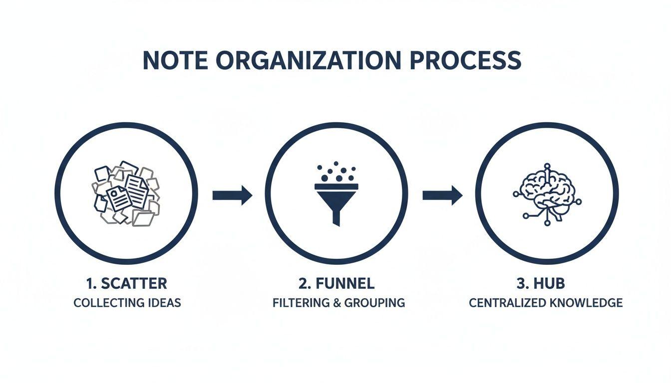 A three-step diagram illustrates the note organization process, from collecting ideas to filtering and centralizing knowledge.