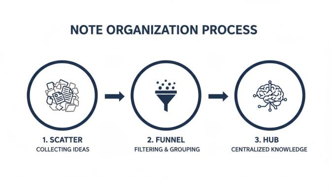A three-step diagram illustrates the note organization process, from collecting ideas to filtering and centralizing knowledge.