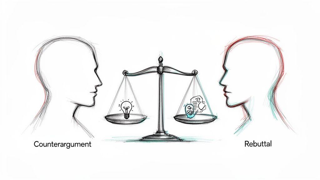 A balance scale weighs a lightbulb representing a counterargument against icons symbolizing a rebuttal.
